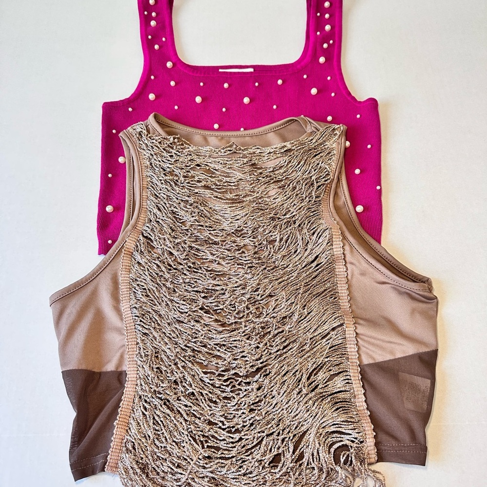 Bundle of 2 Trendy Tops – Pink Pearl Knit Tank & Brown Metallic Mesh Crop. M/L